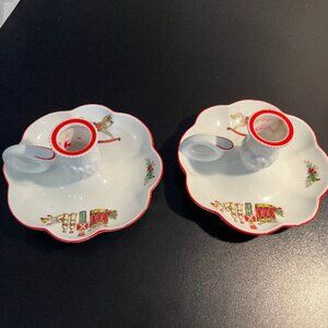 Rare Set of Christmas Magic Fine Porcelain Candlestick Holders